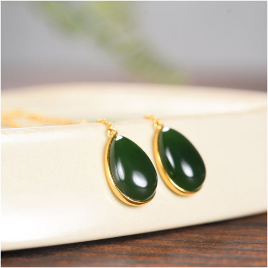 Green Jade Teardrop Earrings with Gold Plating