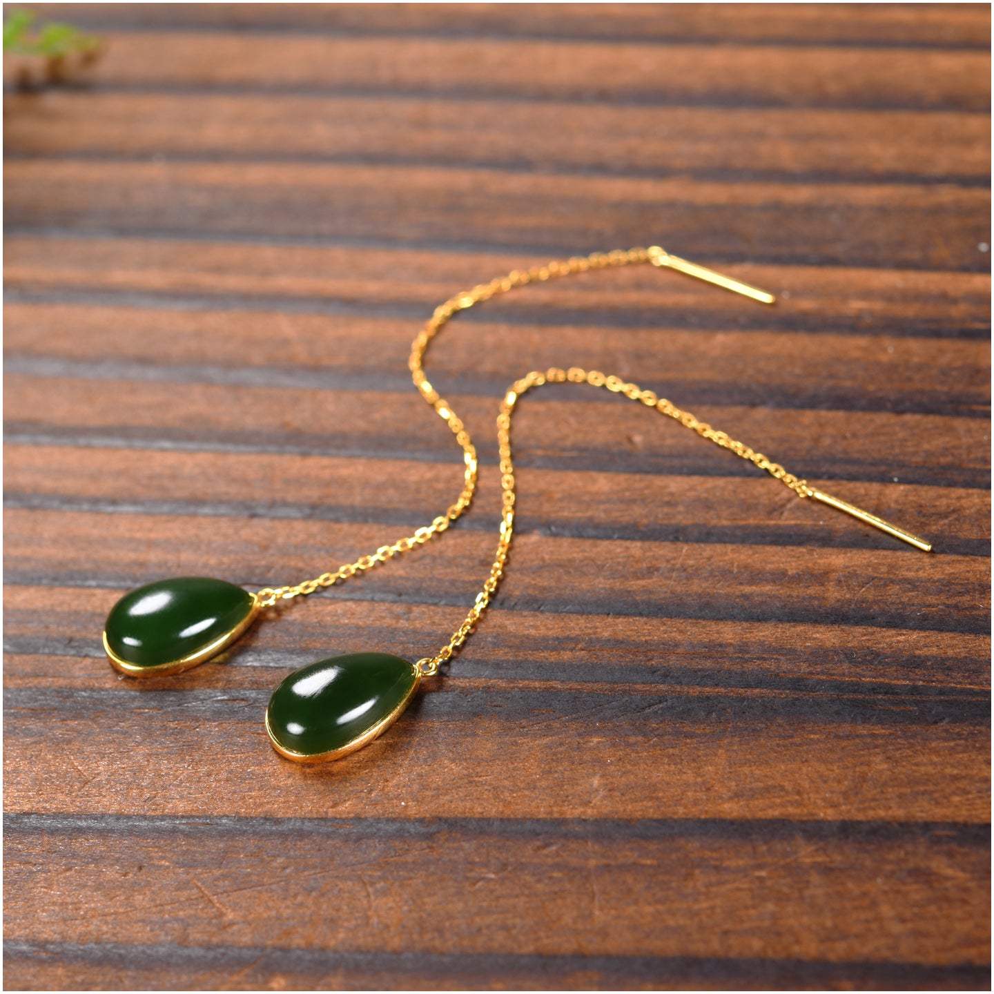 Green Jade Teardrop Earrings with Gold Plating
