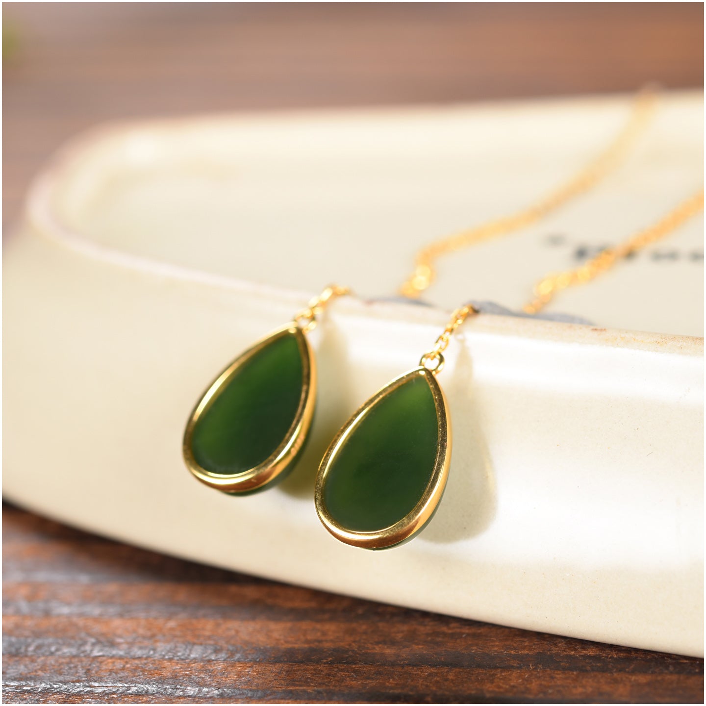 Green Jade Teardrop Earrings with Gold Plating