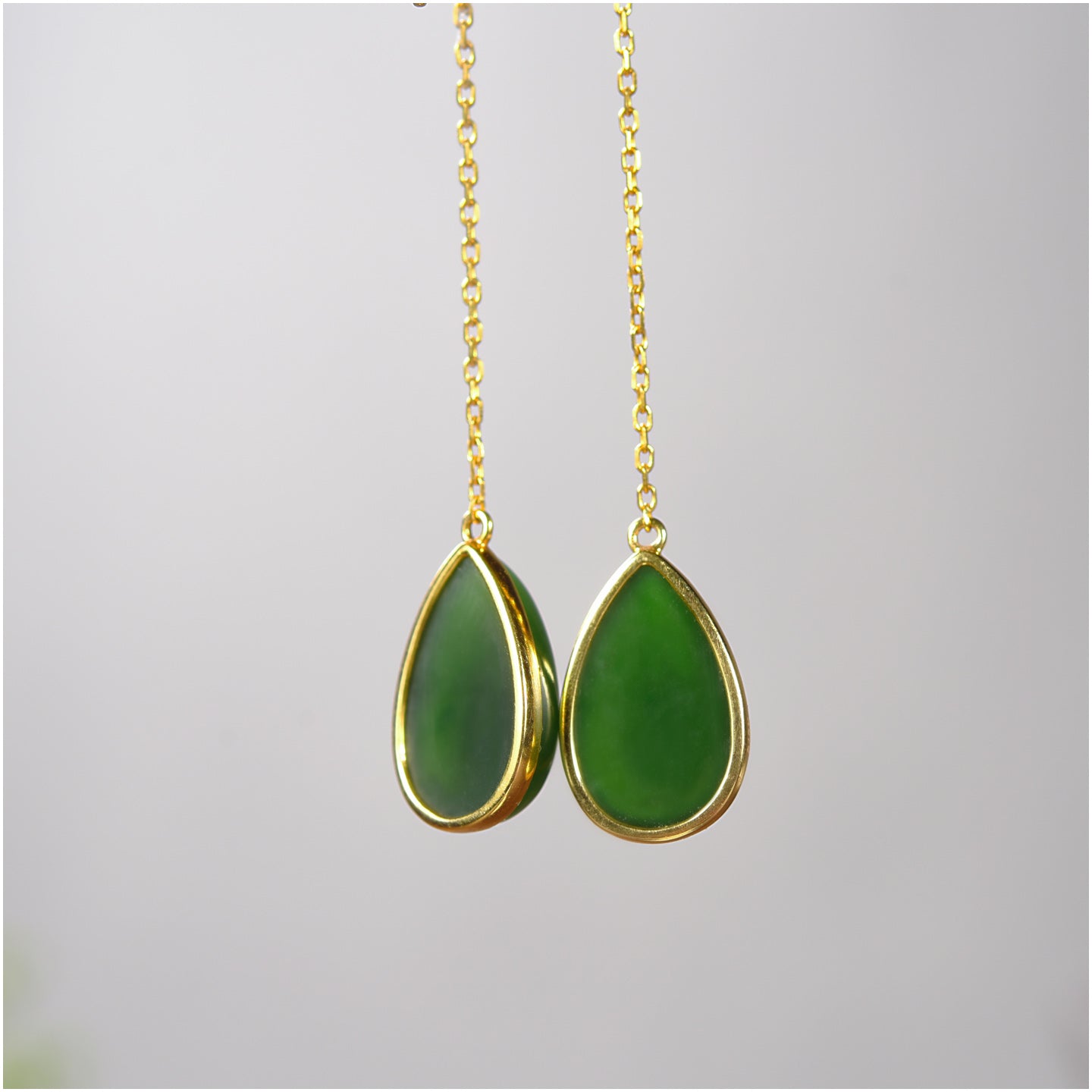 Green Jade Teardrop Earrings with Gold Plating