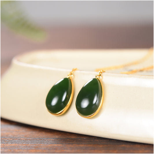 Green Jade Teardrop Earrings with Gold Plating