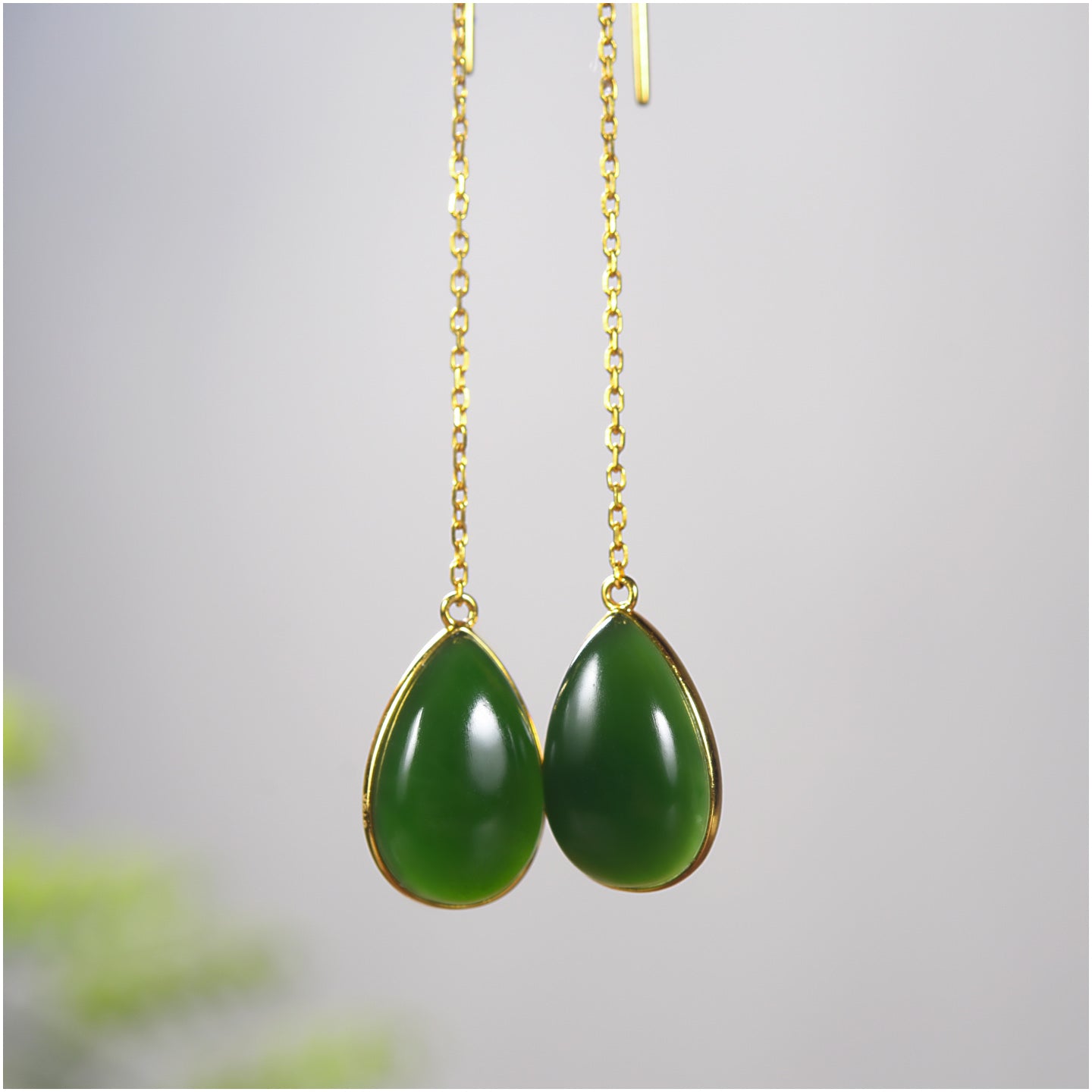 Green Jade Teardrop Earrings with Gold Plating